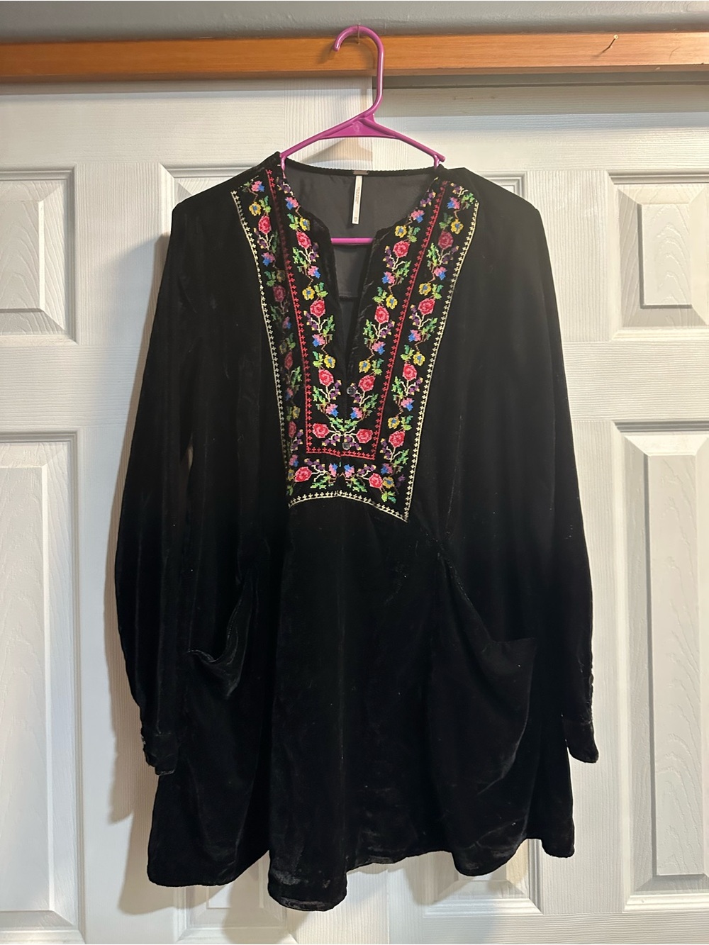 Free People Black Velvet Long-Sleeve Tunic with Pink & Green Embroidery